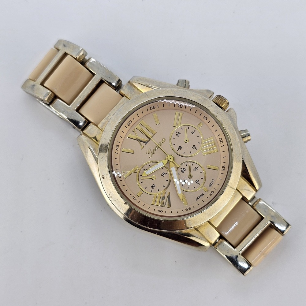 Women's Analog Watch 42MM Cream Dial Two Tone Metal Bands 5.75" NEW Battery